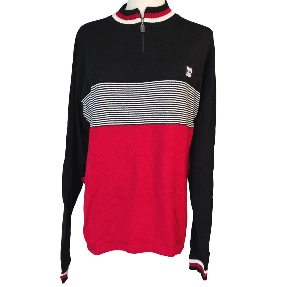 Pearl Izumi Quarter Zip Sweater Red Black White Stripes Mens L Technical Wear